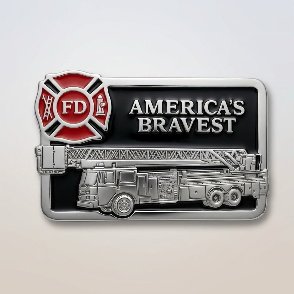 America's 1980s FD Bravest Fireman Fire Truck Brass Belt Buckle Men Firefighters